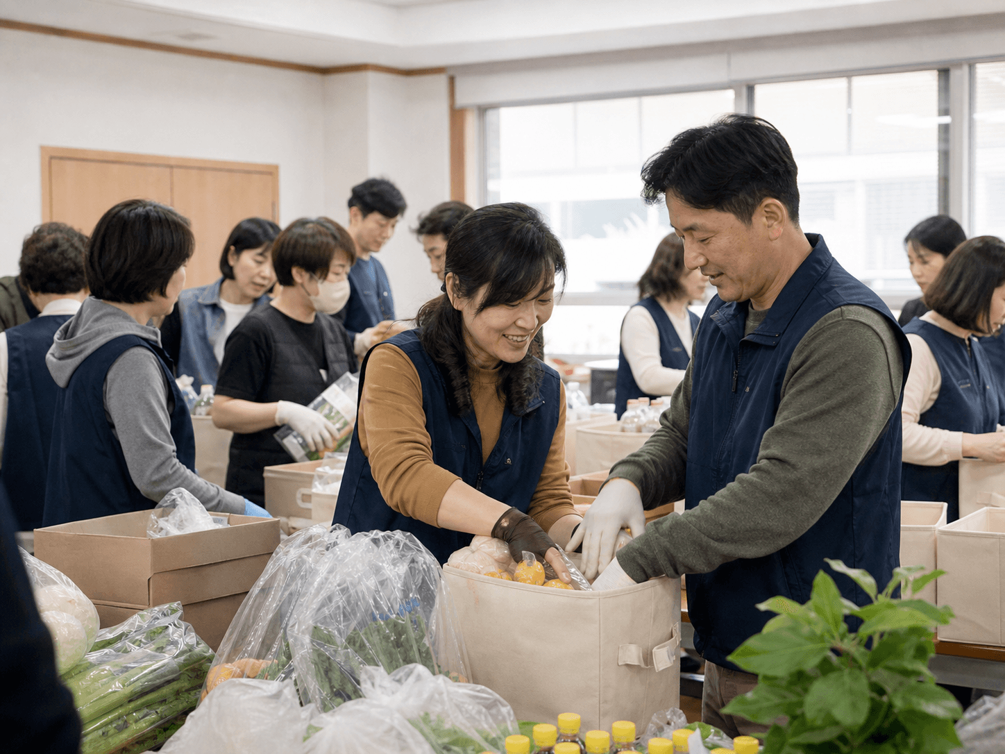 지역 이웃에게 전달할 물품을 포장하는 봉사자들